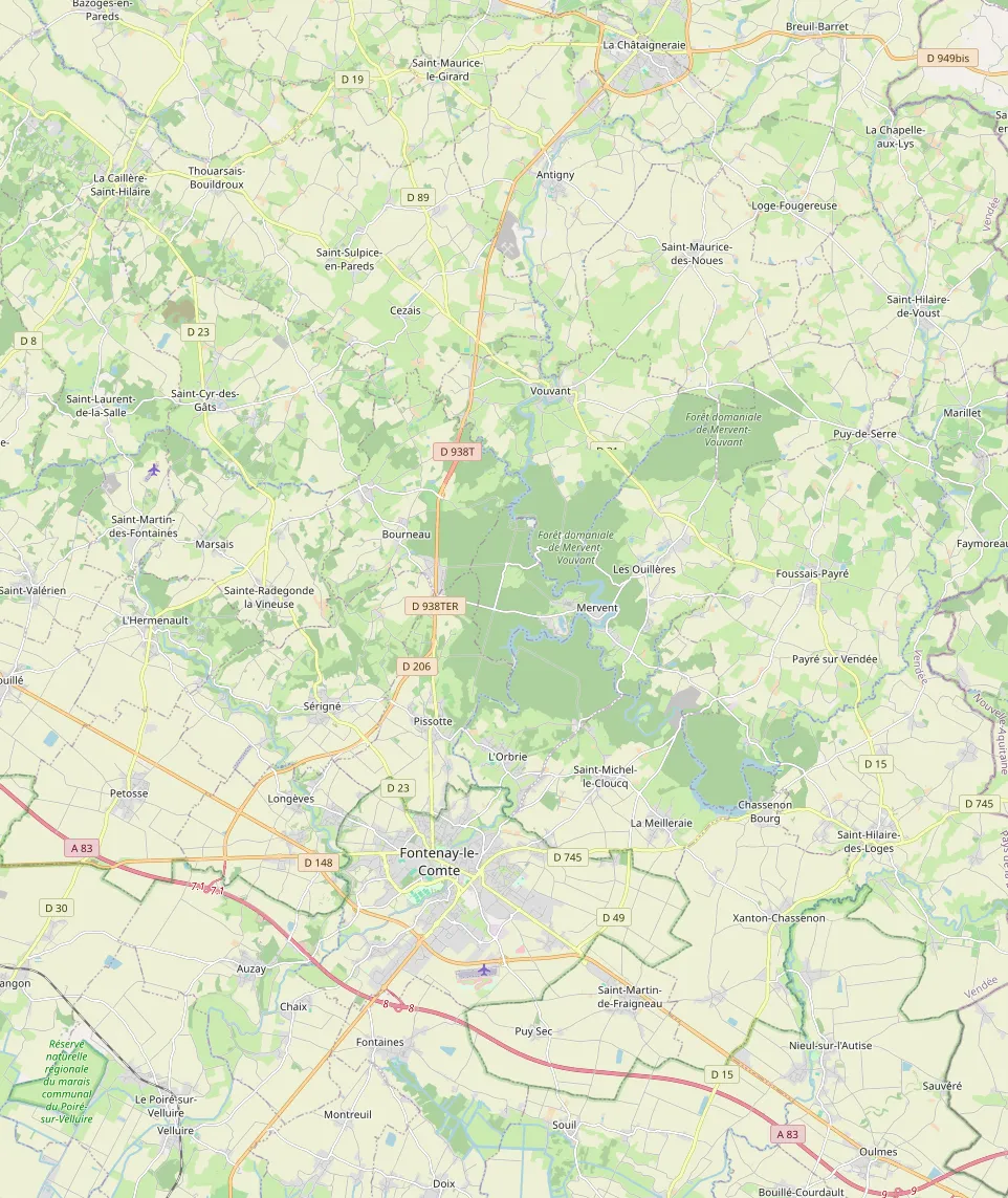 Carte de la zone d'intervention d'Eco Pro 85 autour de Mervent, en Sud-Vendée