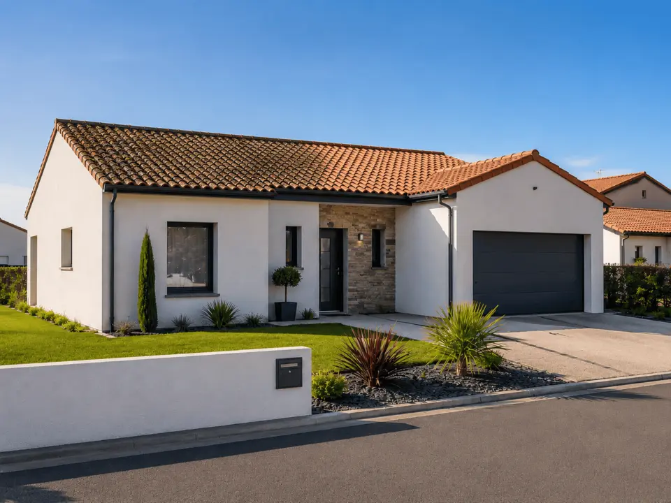 Maison moderne avec façade blanche impeccable et toiture propre