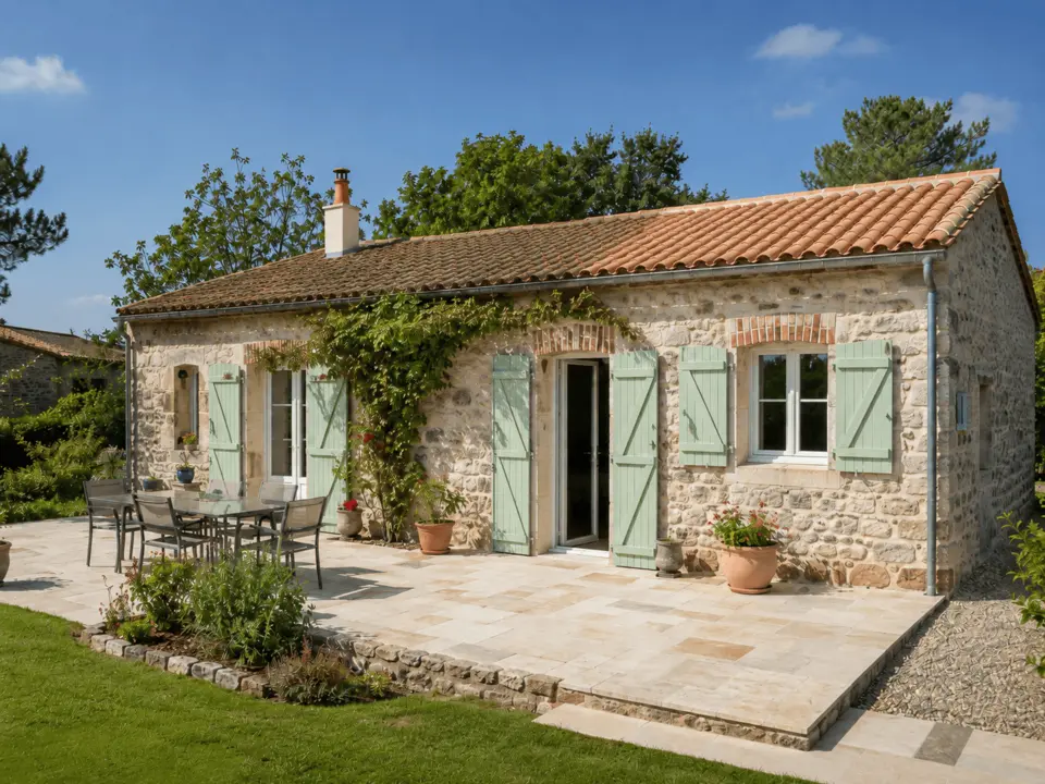 Maison en pierre avec façade et terrasse nettoyées par Eco Pro 85