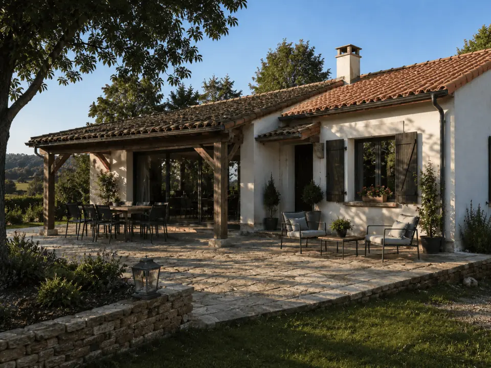 Terrasse en pierre et pergola propres après nettoyage